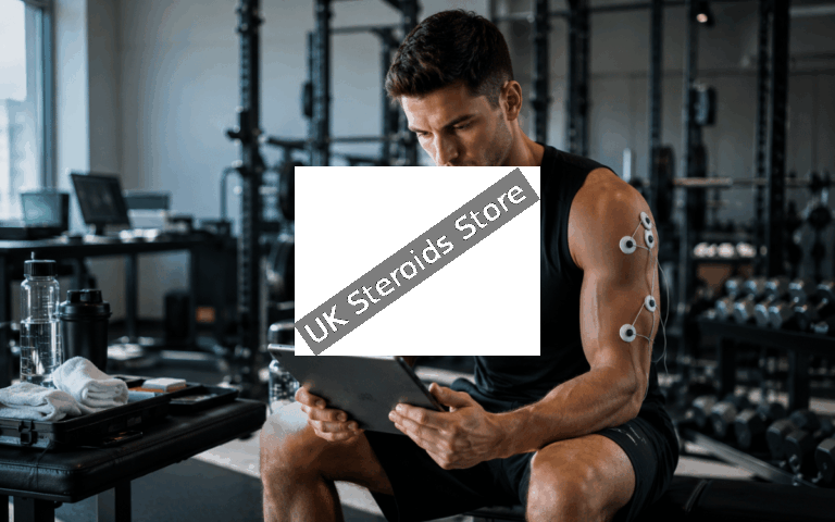 Athlete reviewing performance data before a strength training session.