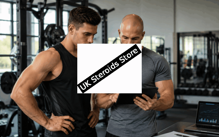 Athlete reviewing injectable performance training metrics in a professional fitness laboratory.