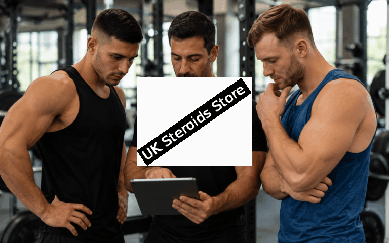 Coach explaining Testosterone and Sustanon performance categories to an athlete inside a modern strength training gym.