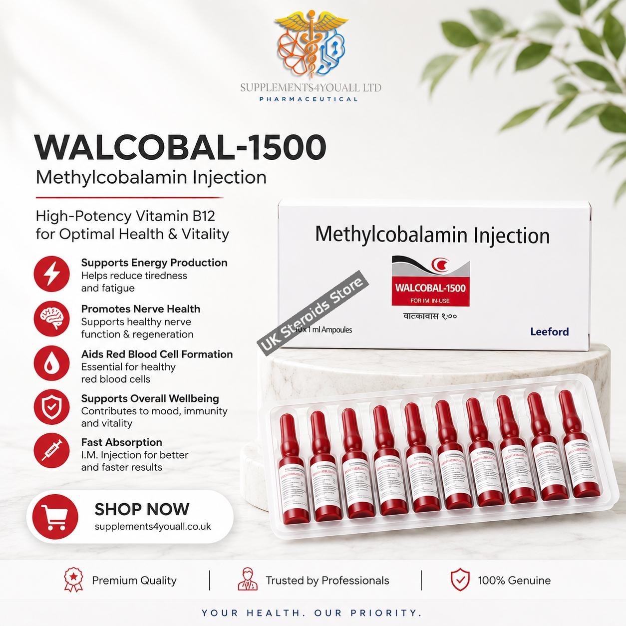 B12 Injections 1500mcg | Methylcobalamin B12 x 10 Ampules - Featured Image