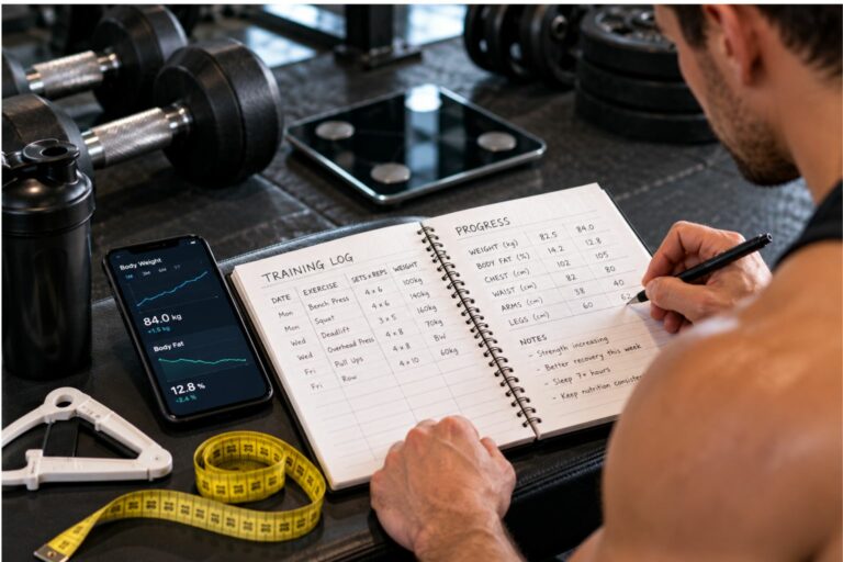 Tracking training performance, body measurements and physical progress in a gym. Copy alt text